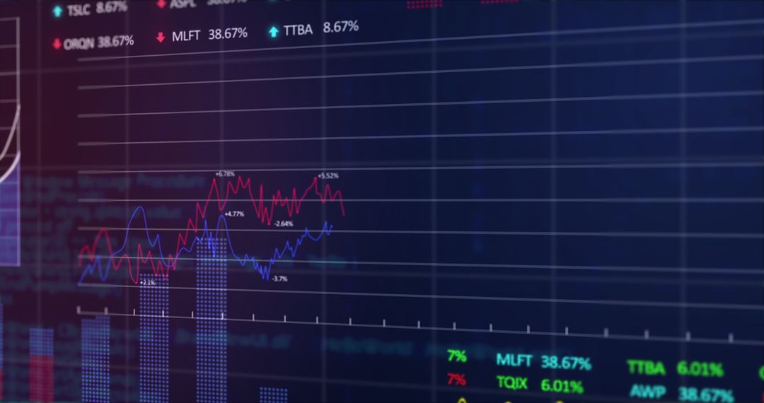 Colorful Stock Market Display with Graphs and Tickers on Blue Background