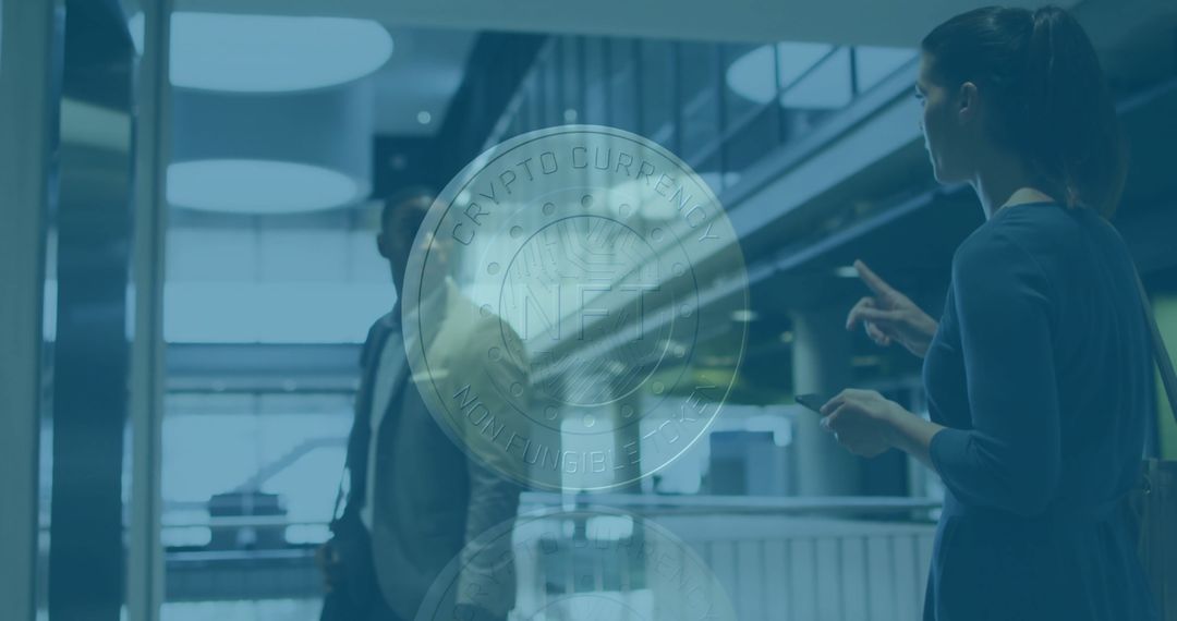 Floating NFT Coin Concept in Modern Corporate Environment