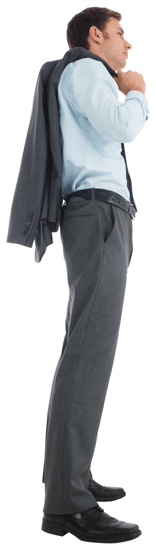 Transparent Serious Businessman Holding Jacket Over Shoulder