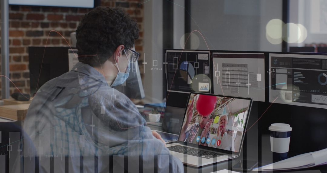 Masked Office Worker on Video Call with Data Overlay
