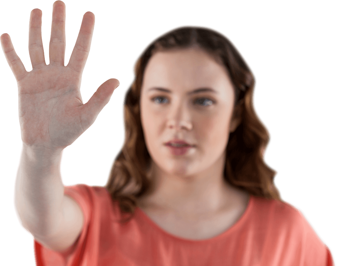 Caucasian Woman with Open Hand on Transparent Background