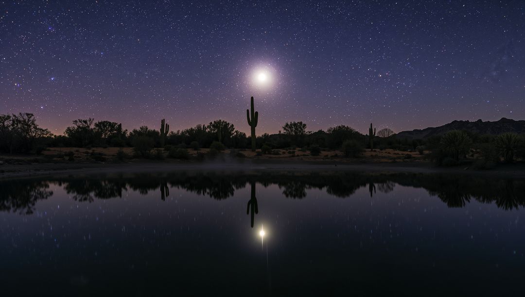 Saguaro Cactus Glowing Under Moon Reflecting in Desert Pond Beneath Starry Night Sky