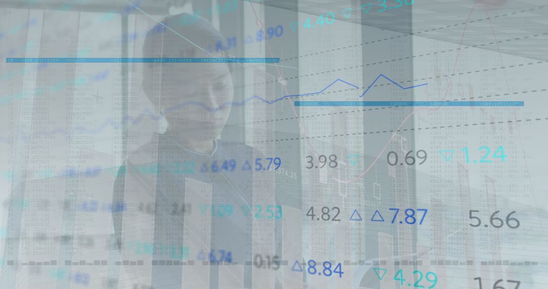 Businesswoman Analyzing Financial Market Data with Abstract Overlay