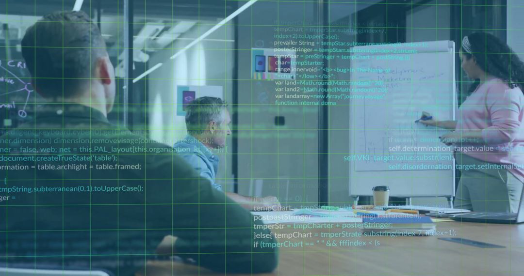 Diverse Office Team Collaborating with Digital Data Overlay