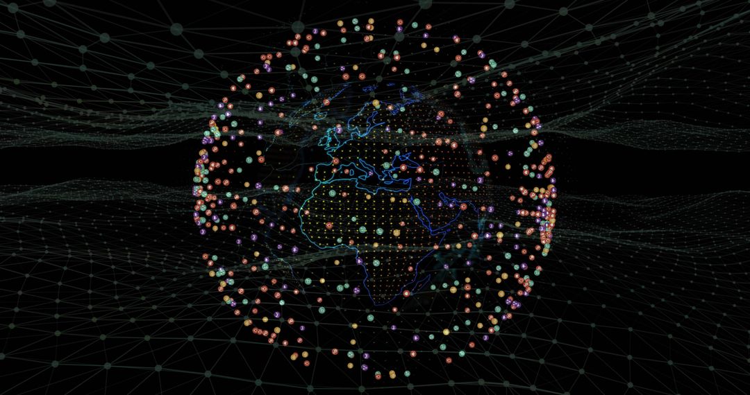 Glowing Digital Network Globe with Colorful Nodes