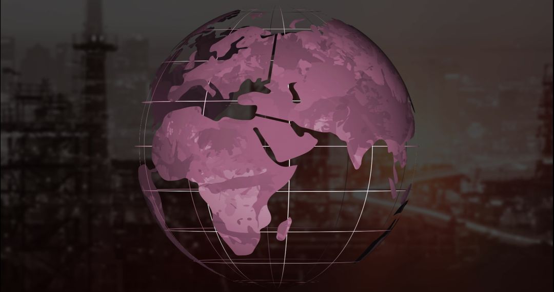 3D Rotating Globe with Pink Continents Over Refinery