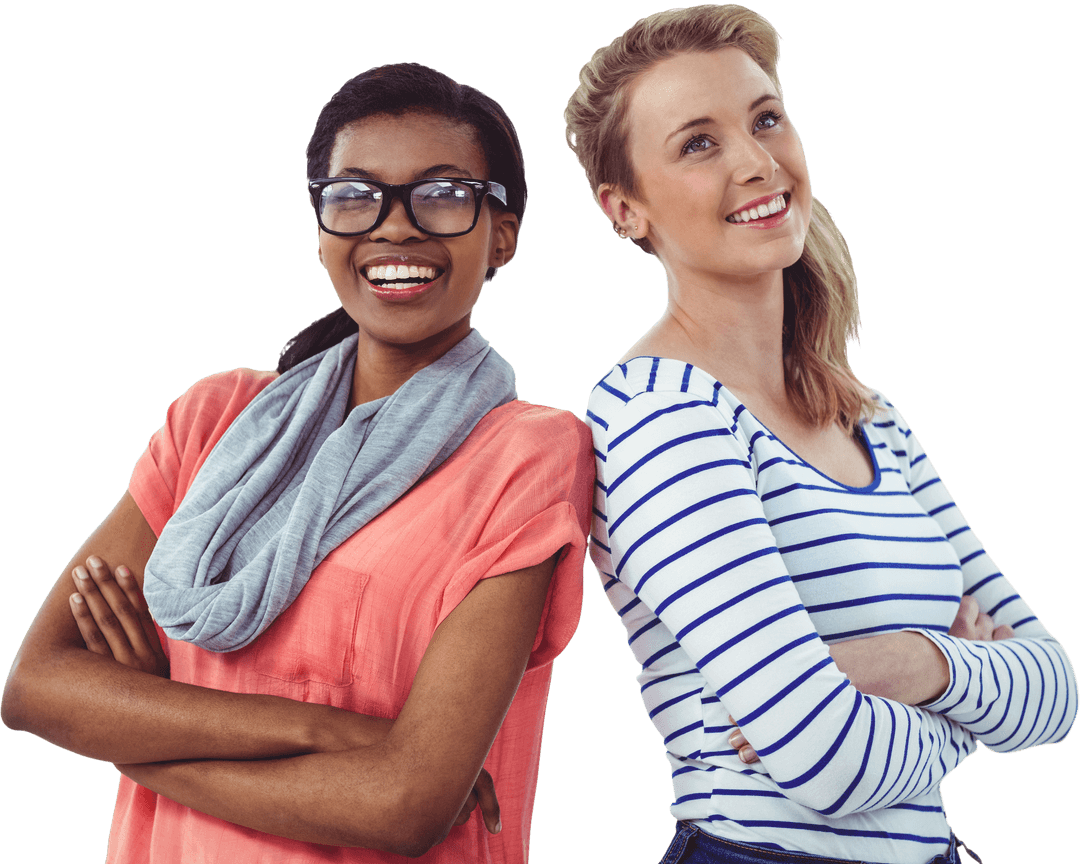 Smiling Creative Colleagues Standing Back-to-Back Transparent Background