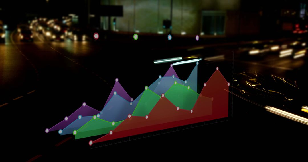 Colorful Data Analysis Displayed Over Busy City Streets at Night