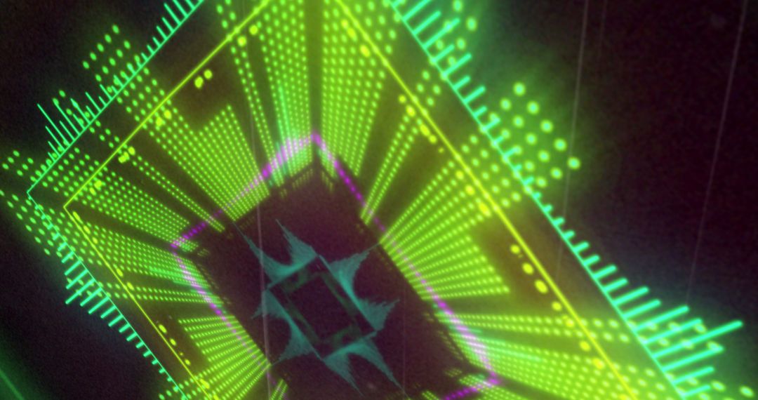 Futuristic Moving Green and Yellow 3D Light Display on Dark Background