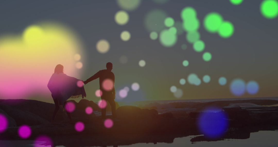 Romantic Couple Holding Hands with Magical Bokeh Lights