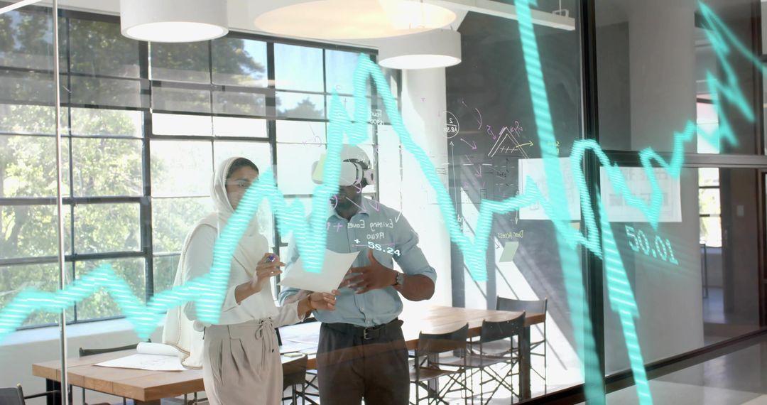 Business Professionals Analyzing Holographic Data in Modern Office