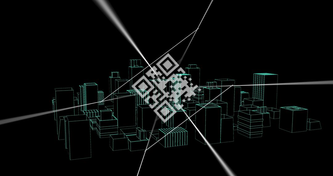 QR Code Hologram Over Futuristic Cityscape