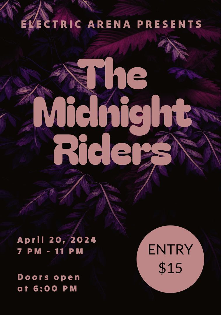 Rock Night Concert Poster with Tropical Leaf Motif for Midnight Riders Show - Download Free Stock Templates Pikwizard.com