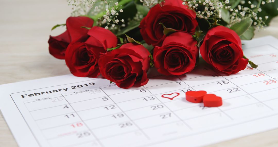 Red Roses Placed on February 2019 Calendar with Heart Decorations for Valentine's Day Love Concept - Free Images, Stock Photos and Pictures on Pikwizard.com