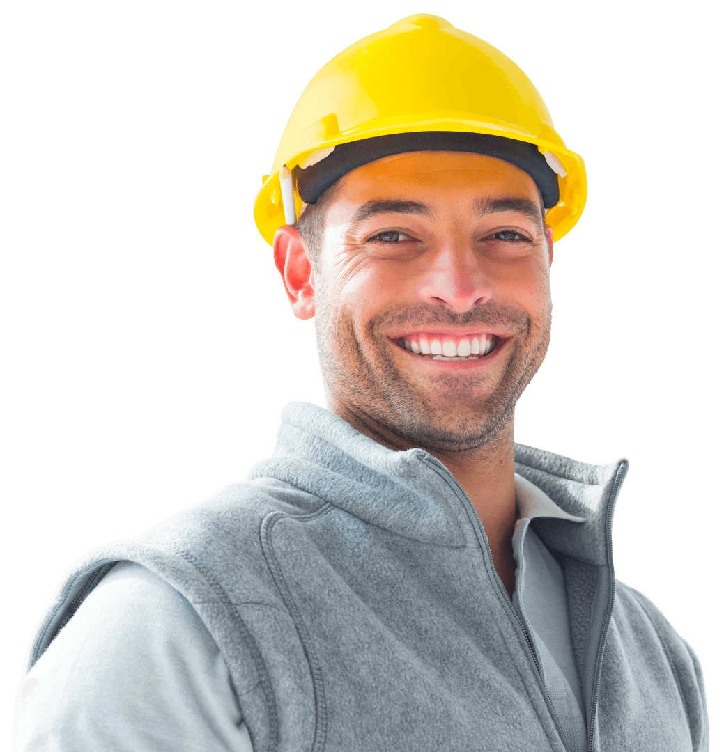 Smiling Construction Worker Wearing Yellow Hard Hat on Transparent