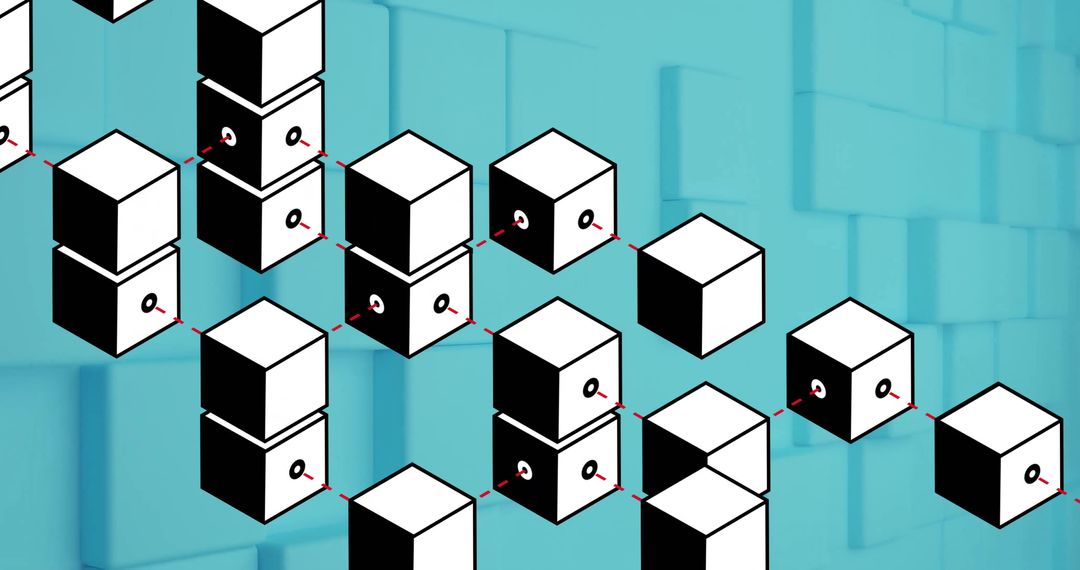 3D Cubes Forming Digital Network with Red Dashed Lines on Blue Background