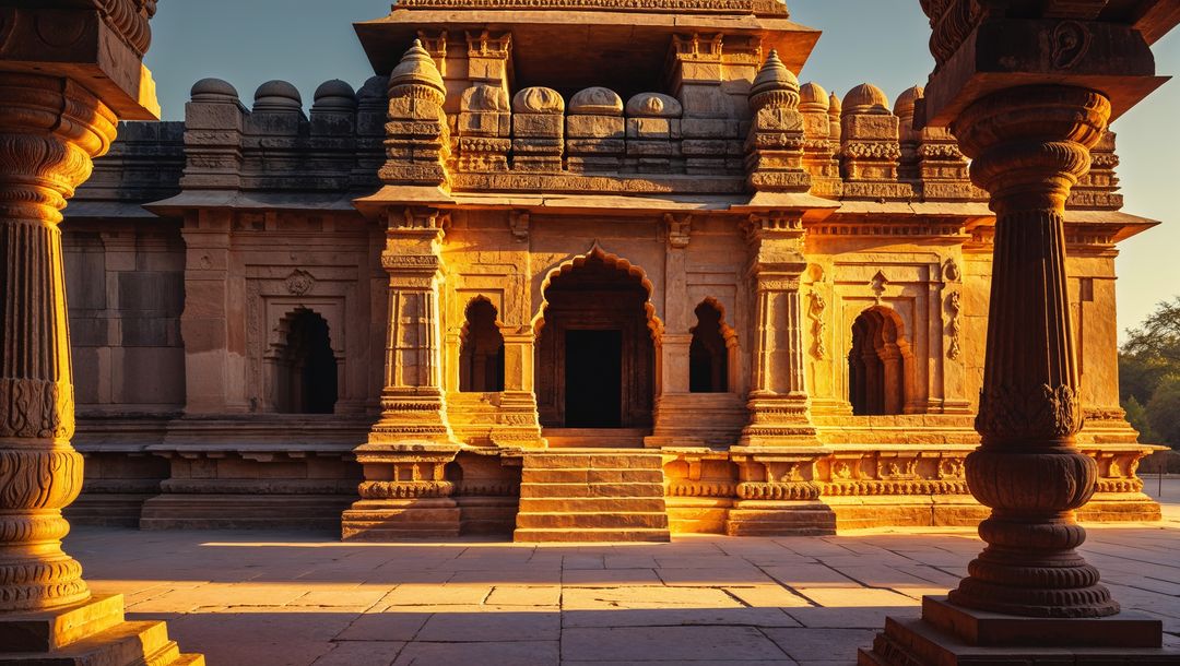Sunlit Ancient Temple with Ornate Arches and Columns
