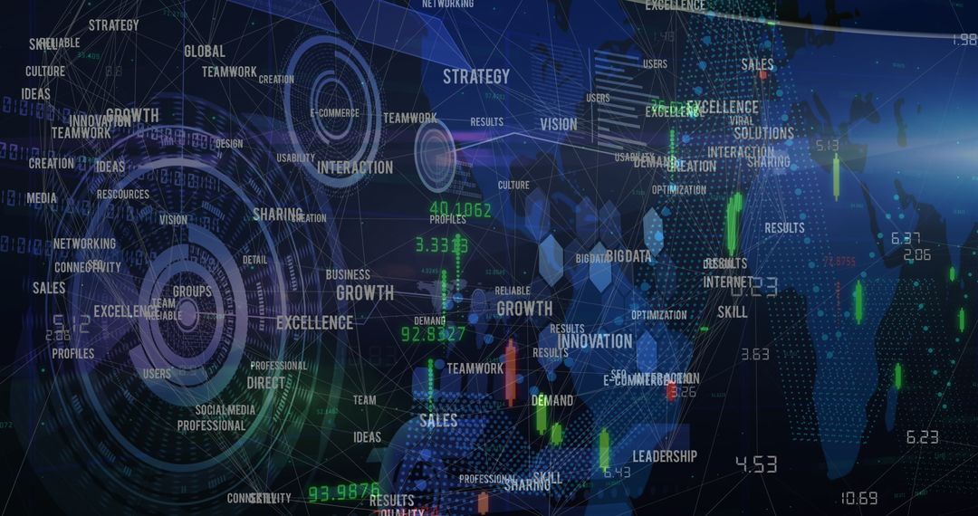 Digital Interface with Business Data and Analytics on Blue World Map