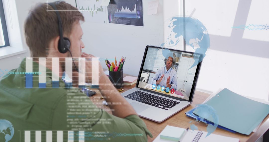 Businessman in Virtual Meeting Analyzing Data with Digital Interface