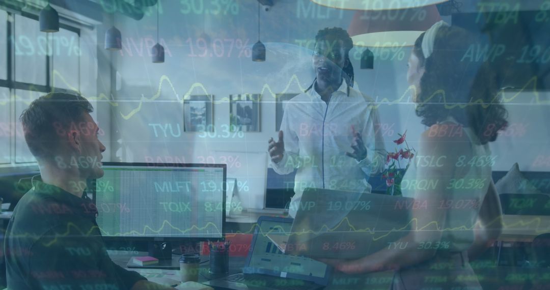 Multiracial Coworkers Collaborate with Digital Stock Data Overlay