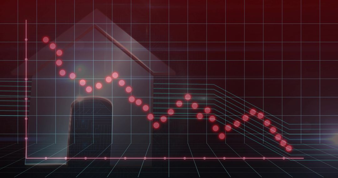 Tracing Declining Housing Market Trend on Neon 3D Grid with Wireframe House