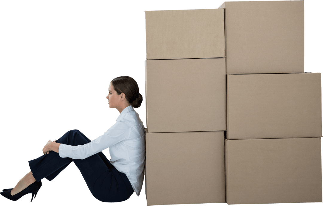 Thoughtful Businesswoman Leaning on Transparent Cardboard Boxes