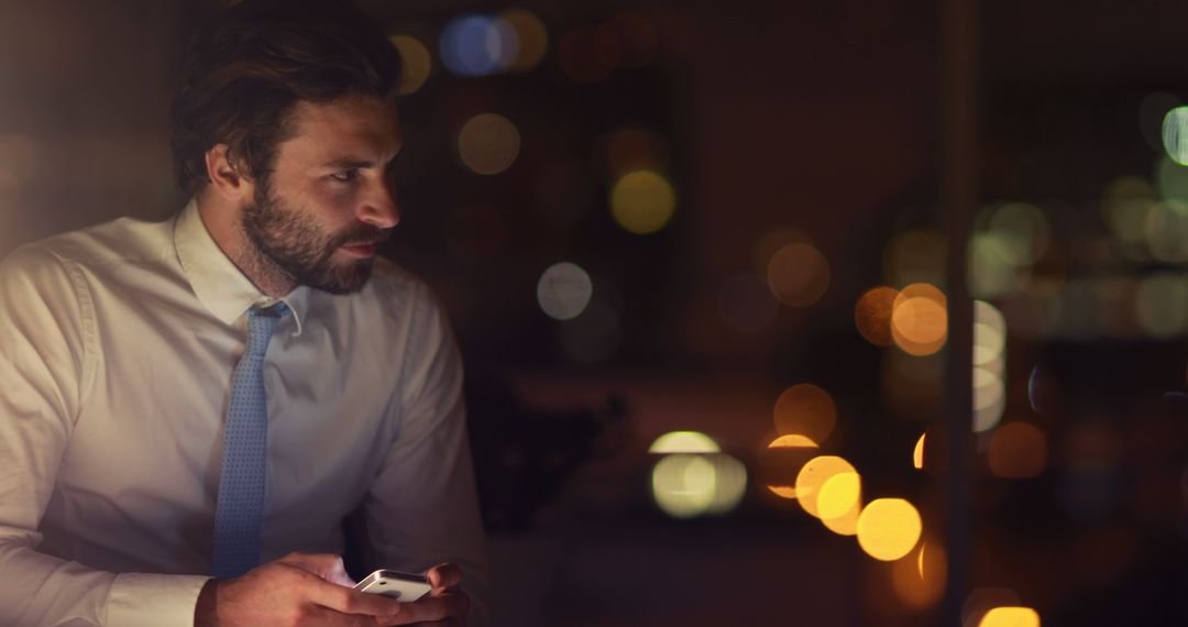 Businessman Using Smartphone at Night with City Lights in Background - Free Images, Stock Photos and Pictures on Pikwizard.com