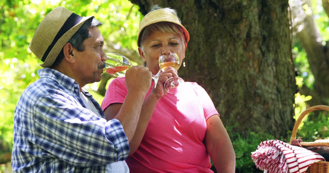 Middle-Aged Couple Enjoying Wine Picnic in Serene Park