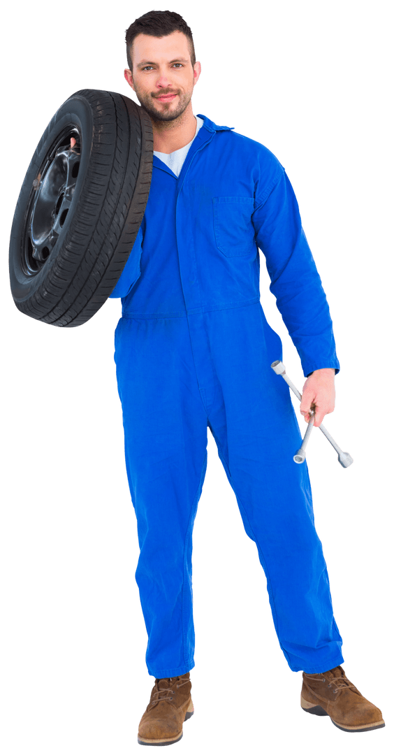 Transparent Portrait of Male Mechanic Holding Tire and Tools