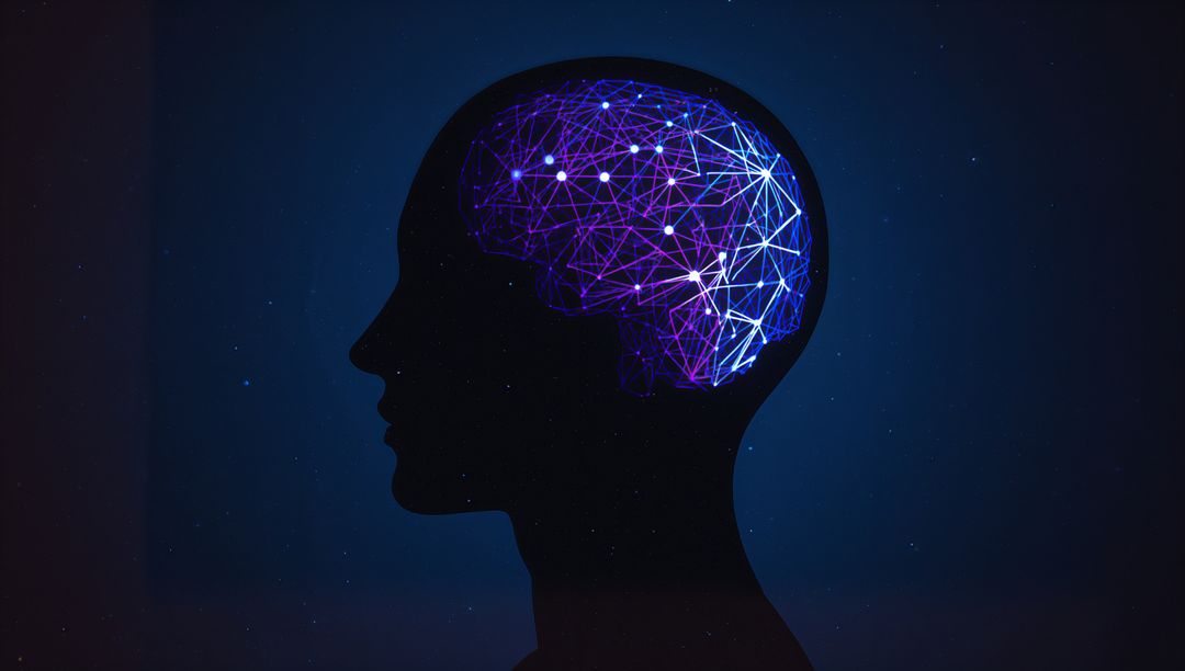 Silhouette Human Head with Glowing Neural Network