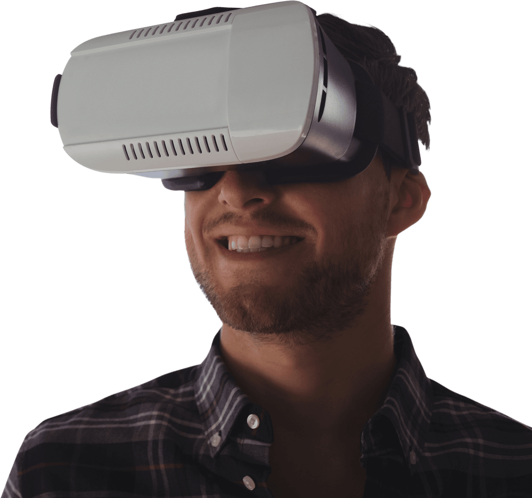 Smiling Young Man Engaged in Transparent Virtual Reality Experience