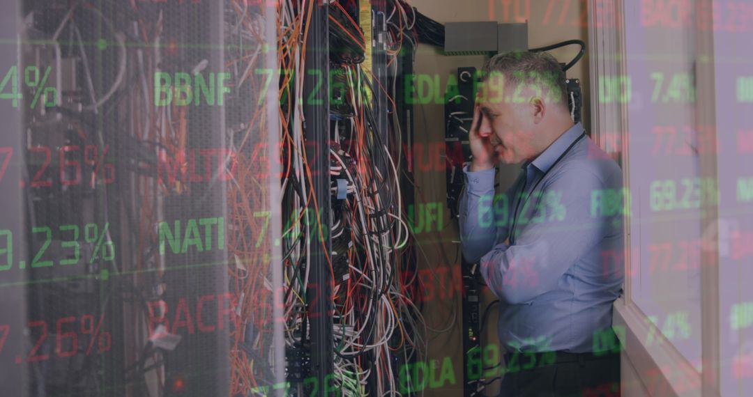 Stressed IT Professional in Data Center with Digital Interfaces