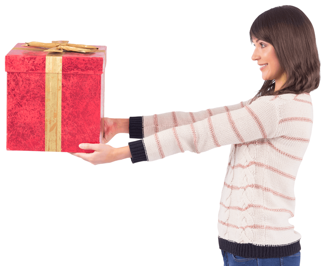 Smiling Woman Holding Large Gift Box with Transparent Background