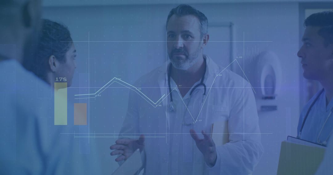 Doctors Analyzing Patient Data with Chart Overlay in Clinic