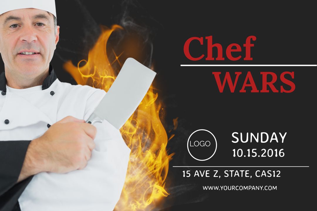 Culinary Competition with Chef and Flames Background