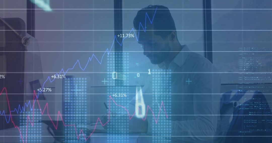 Caucasian Businessman Analyzing Financial Data with Digital Screen Overlay