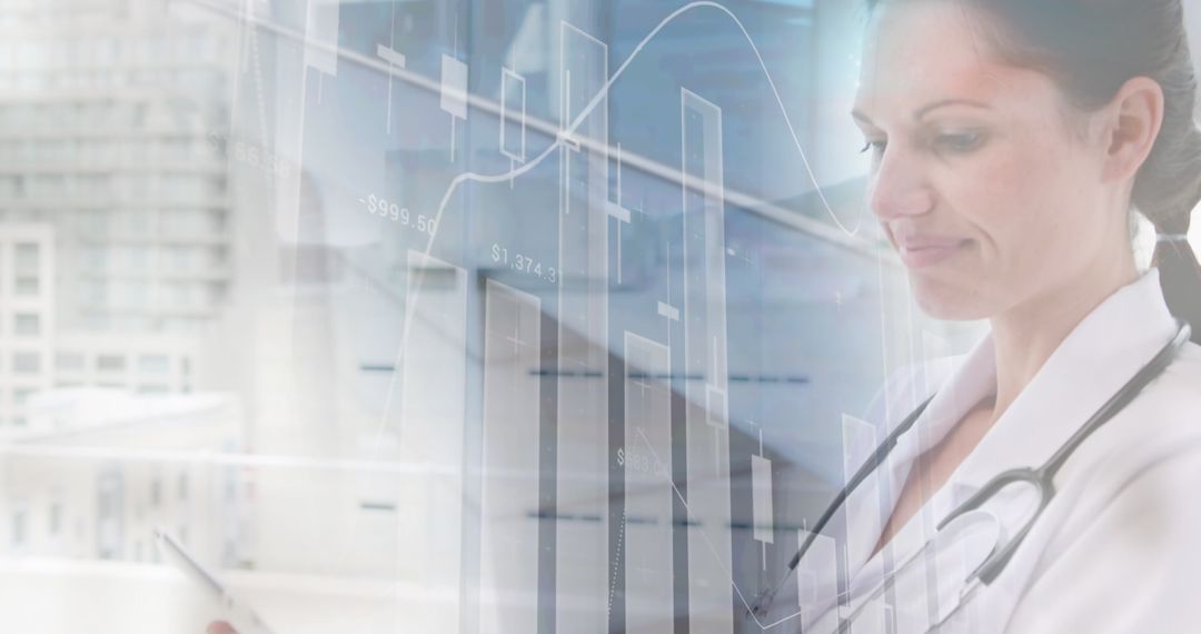 Doctor Analyzing Digital Health Data on Tablet in Futuristic Setting