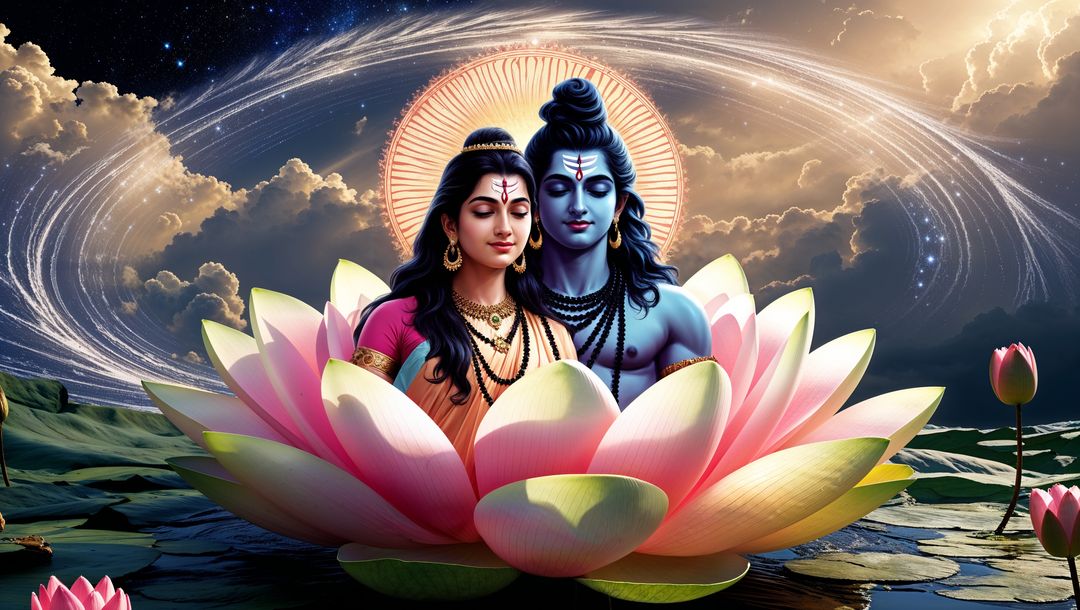 Shiva and Parvati Seated on Lotus with Celestial Glow
