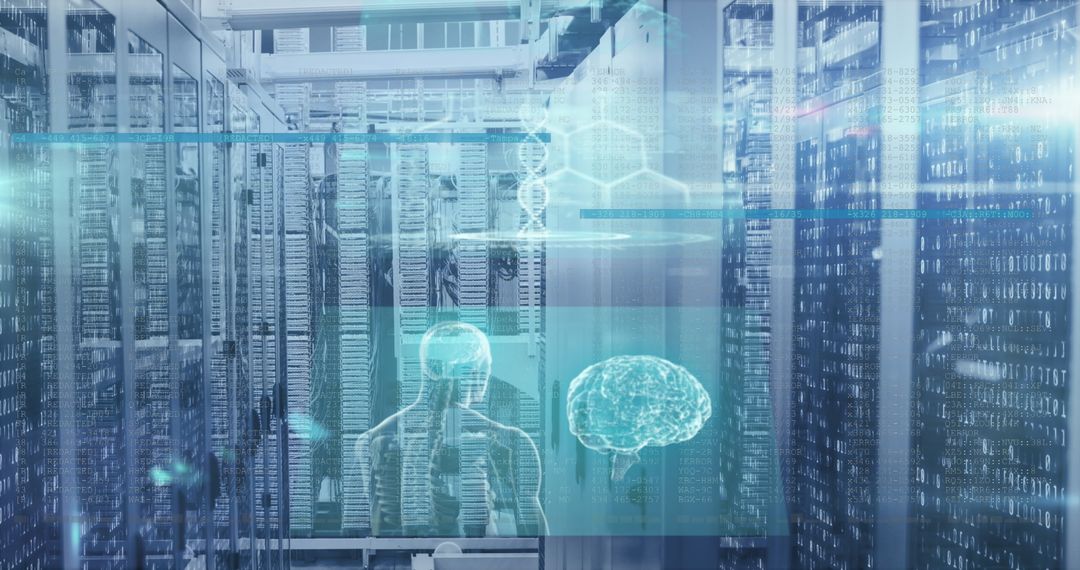 Futuristic Data Center with Holographic Elements