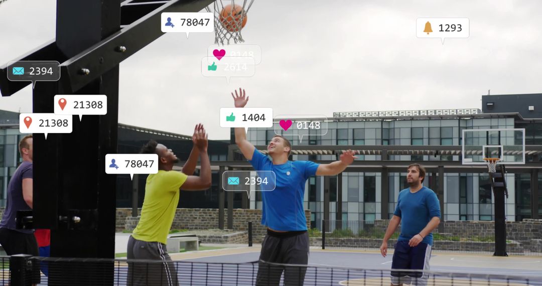 Players jumping for basketball with social media notification overlays on campus court