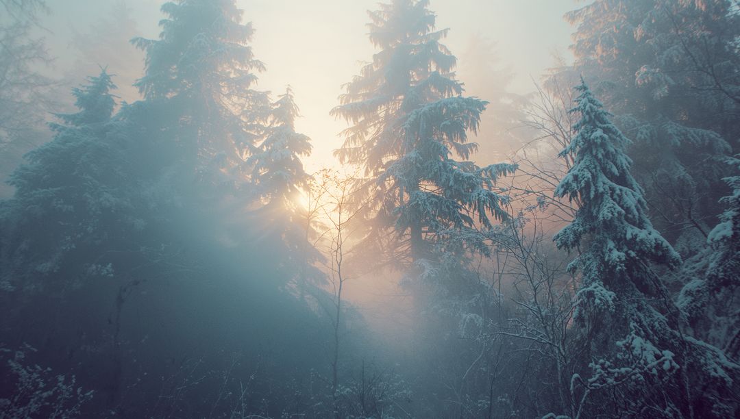 Misty Winter Forest with Sunlit Evergreen Trees at Dawn