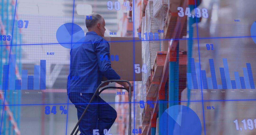 Warehouse Worker Climbing Ladder with Data and Graphs Overlay