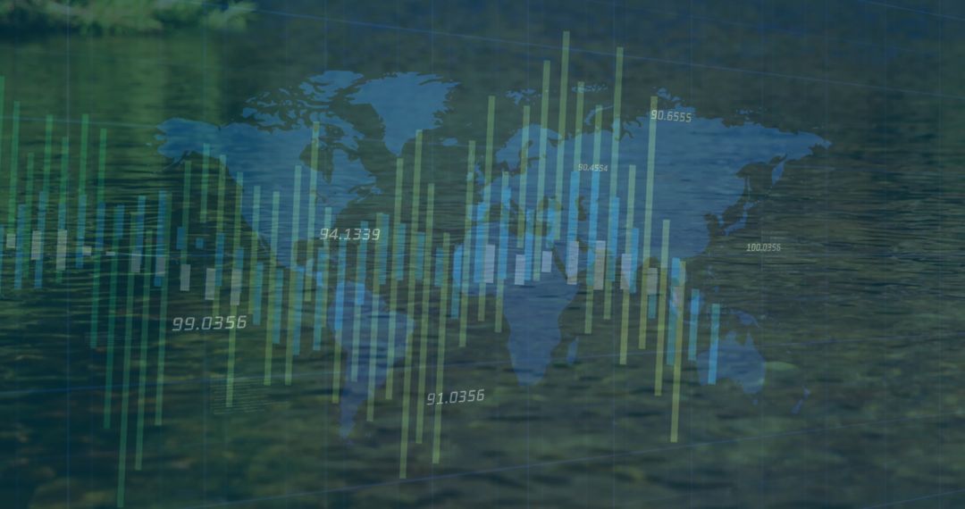 Digital World Map Overlay with Analytics Graph on Water Surface
