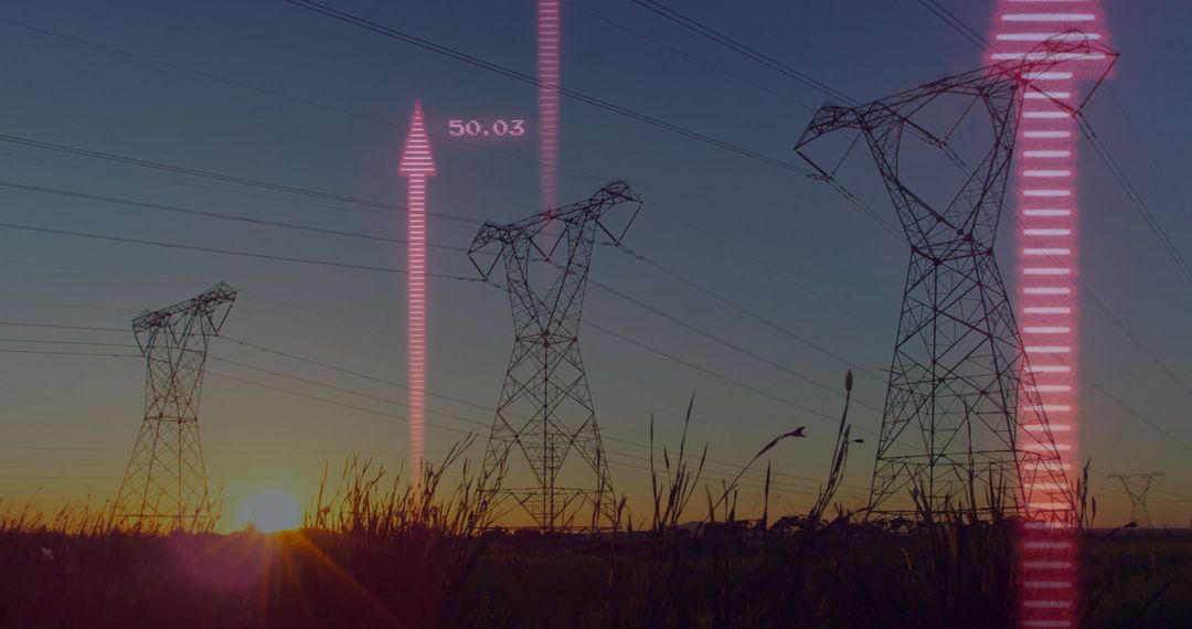 Electric Pylons with Digital Data Overlay at Sunset