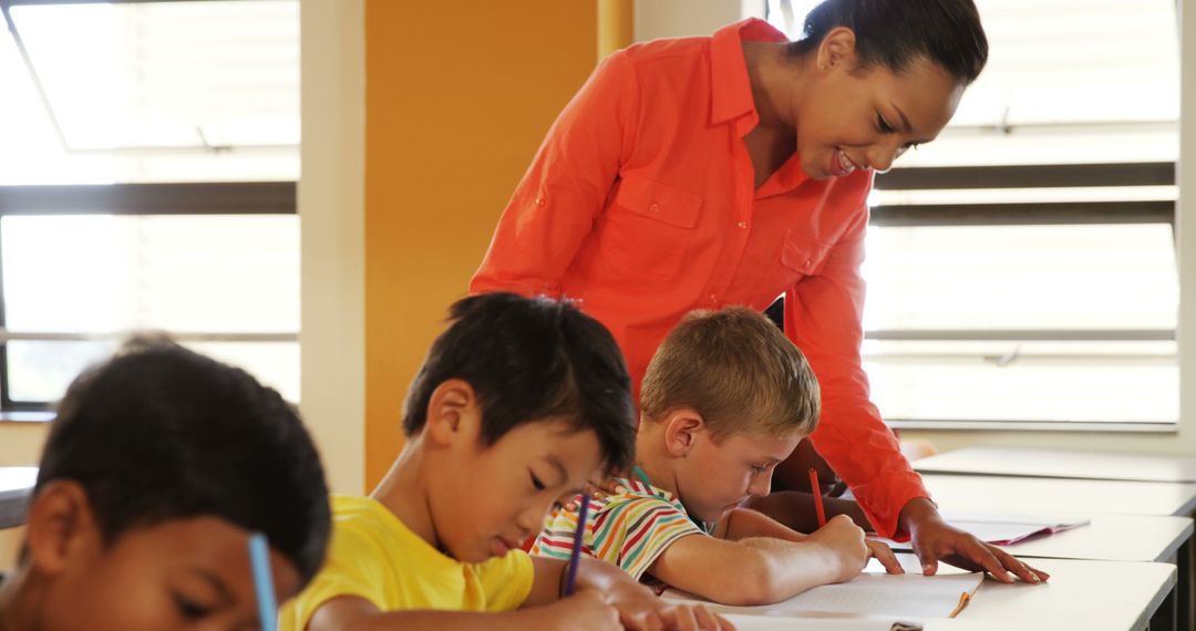 Diverse Classroom Scene with Teacher Helping Primary Students