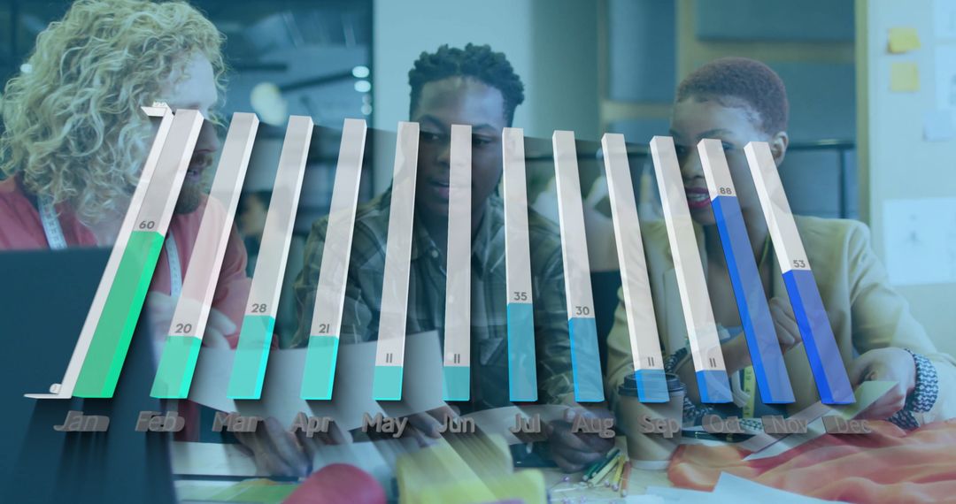 Coworkers Collaborating Overlaid with Dynamic Bar Chart Visualization