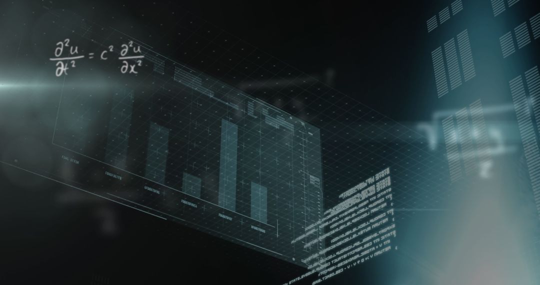 Futuristic Holographic Interface with Bar Charts and Equations