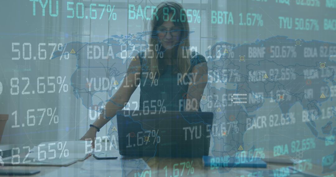 Businesswoman Analyzing Global Financial Data and Stock Markets