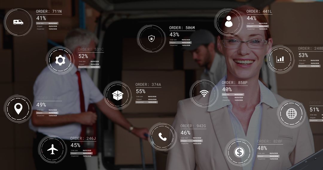 Smiling Female Supervisor with Logistic Analytic Graphs in Warehouse