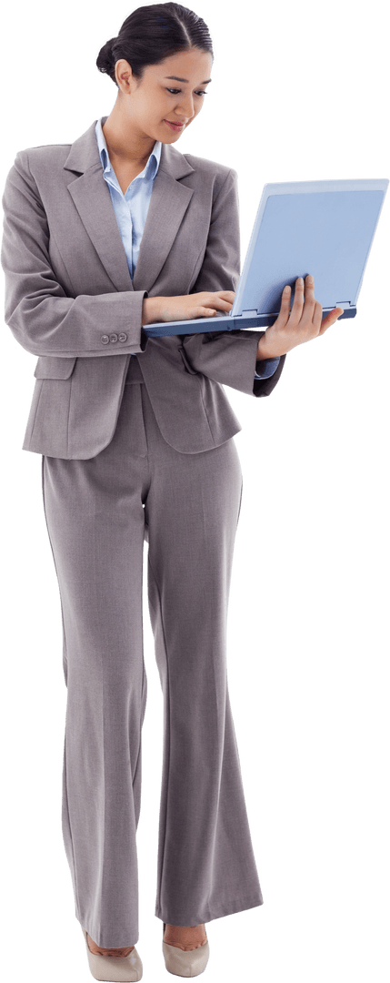 Transparent Asian Businesswoman Using Laptop, Engaged Work Activity